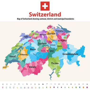Switzerland vector map showing cantonal, districts and municipal boundaries. Map colored by cantons and inside each canton by distrcts. Flag of Switzerland. Navigation and location icons clipart