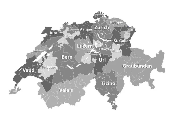 Zwitserland Vector Kaart Gekleurd Door Kantons Met Districten Grenzen — Stockvector