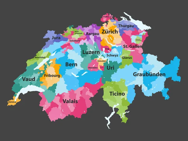 Suíça Mapa Vetorial Colorido Por Cantões Com Fronteiras Distritos — Vetor de Stock