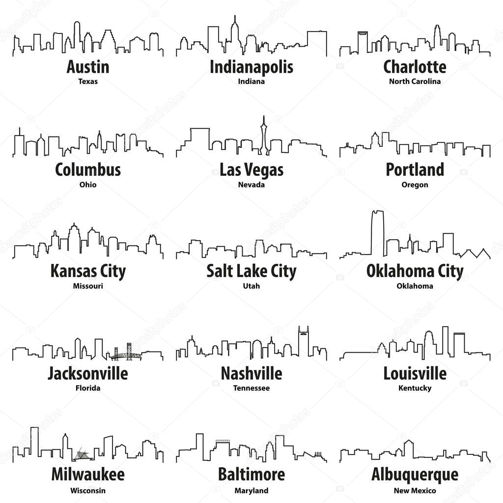 United States cities skylines vector outline icons set