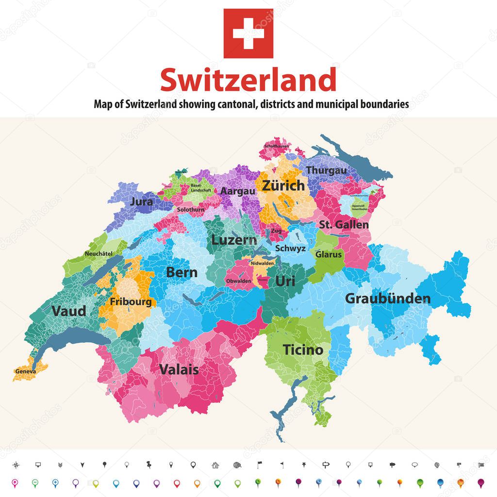 Switzerland vector map showing cantonal, districts and municipal boundaries. Map colored by cantons and inside each canton by distrcts. Flag of Switzerland. Navigation and location icons
