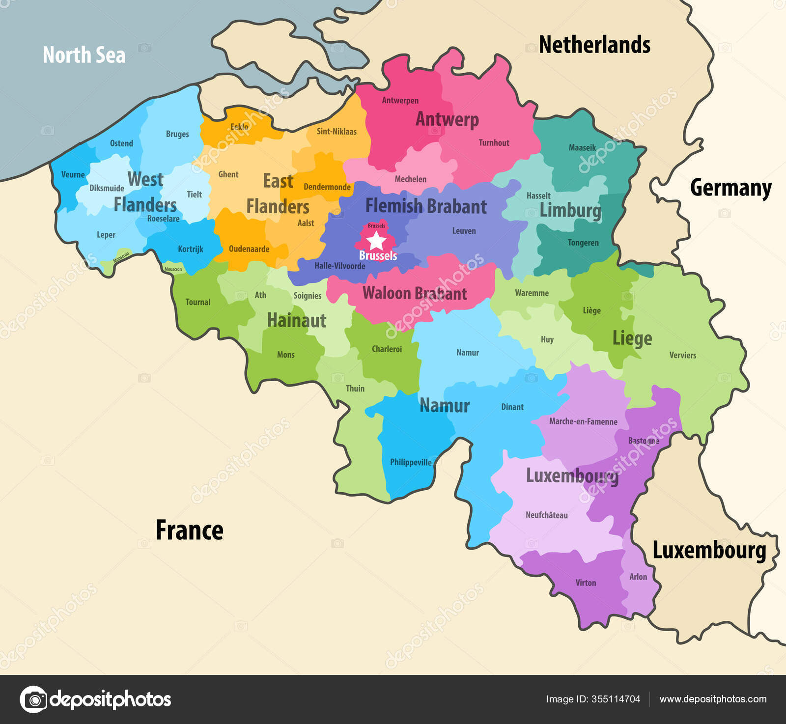 Belgium Administrative Districts Map Neighbouring Terrotories Vector ...