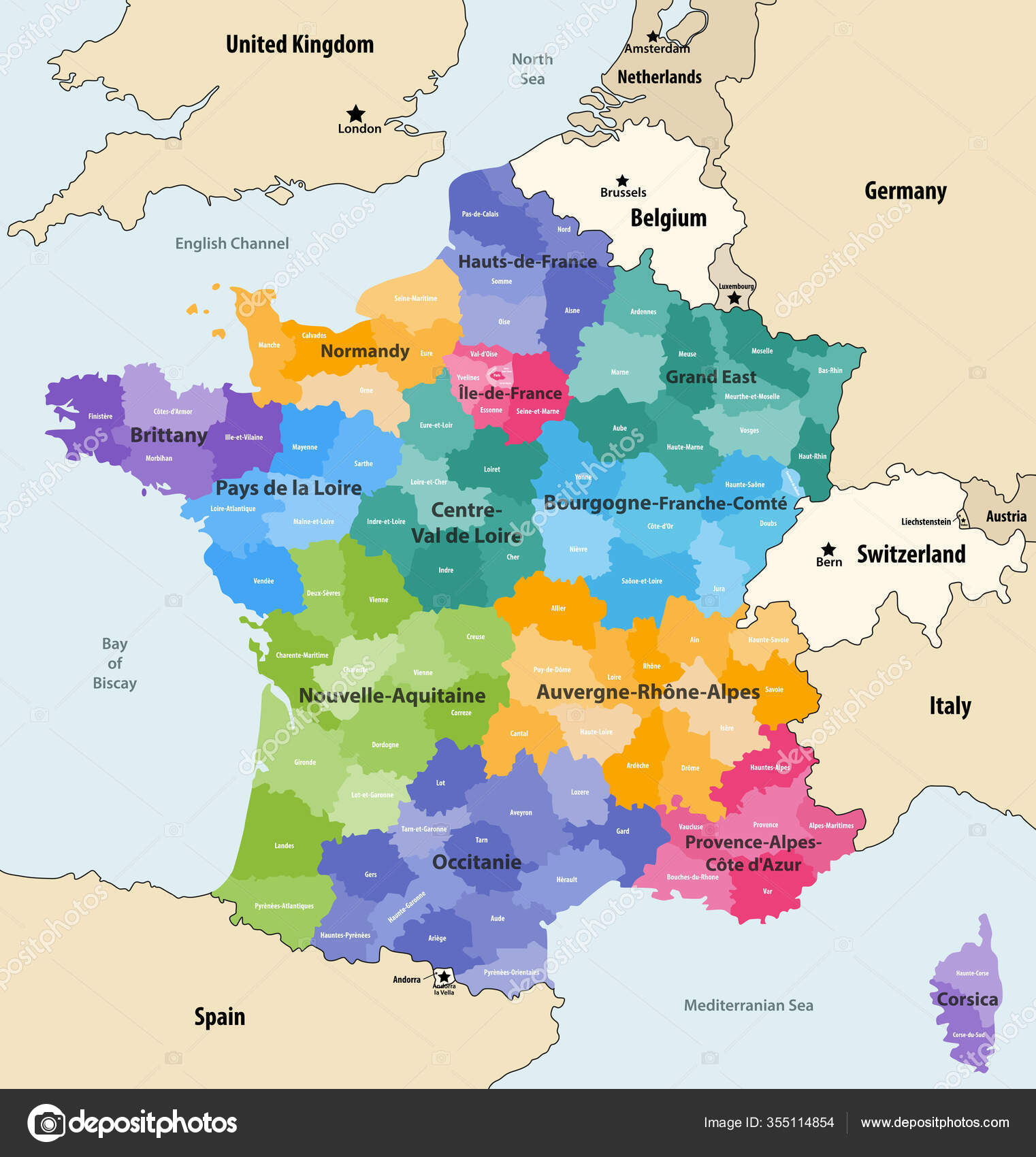 Map Of France And Surrounding Countries France Administrative Regions Departments Vector Map Neighbouring Countries Territories Stock Vector Image By C Jktu 21 355114854