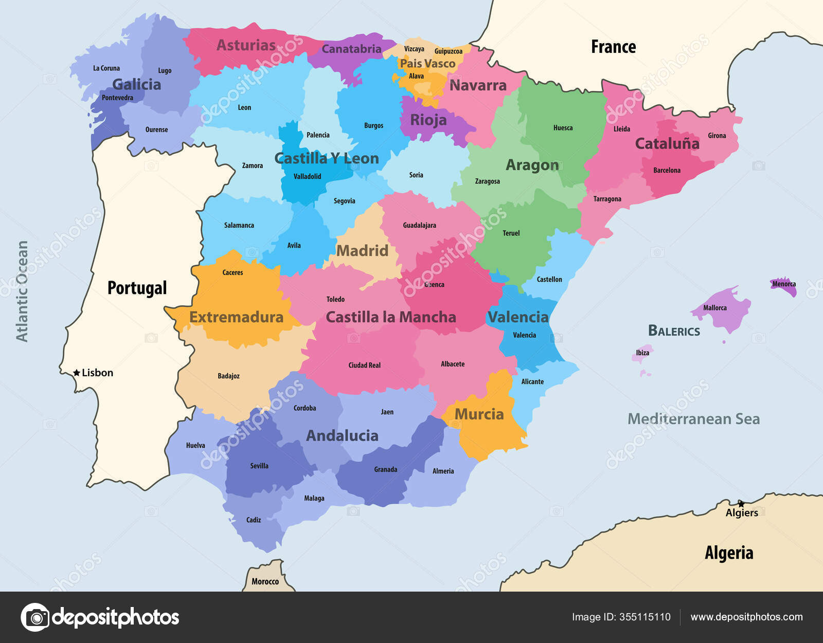 Mapa de Espanha e países vizinhos - Mapa de Espanha e países vizinhos (Sul  da Europa - Europa)