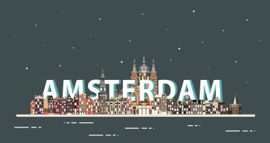 Amsterdam şehir manzarası, gece renkli posterler. Vektör illüstrasyonu