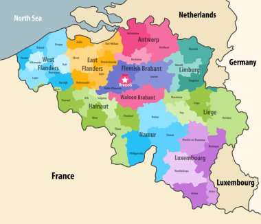Belgium administrative districts map with neighbouring terrotories. Vector clipart
