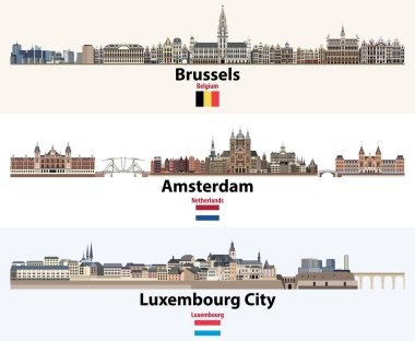 Brüksel, Amsterdam, Lüksemburg 'un Skyline çizimleri. Benelux ülkeleri bayrakları: Belçika, Hollanda, Lüksemburg. Vektör