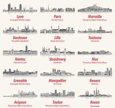 French cities skylines flat style isolated icons in black and white color palette. Vector illustration clipart