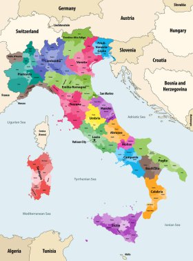 Italy provinces colored by regions vector map with neighbouring countries and territories clipart