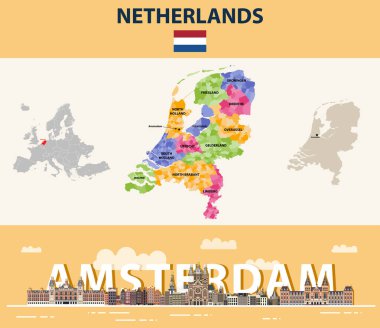 Hollanda yerel belediyeleri eyaletler tarafından renklendirildi. Amsterdam şehir manzarası renkli afişi. Vektör illüstrasyonu