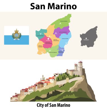 San Marino idari bölüm vektör haritası. Titano Dağı 'ndaki Guaita Kalesi' nin tasviri
