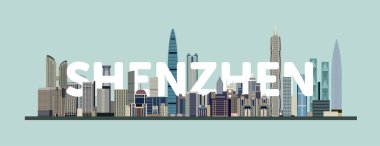 Shenzhen şehir manzarası renkli poster. Vektör illüstrasyonu