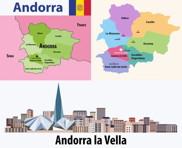 Andorra Mapa Divisiones Administrativas Bandera Andorra Paisaje Urbano Estilo Plano — Vector de stock