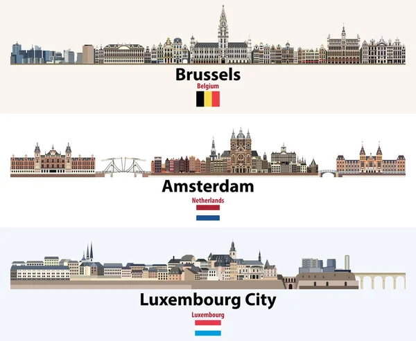 Skylines Ilustrações Bruxelas Amsterdã Luxemburgo Bandeiras Dos Países Benelux Bélgica —  Vetores de Stock
