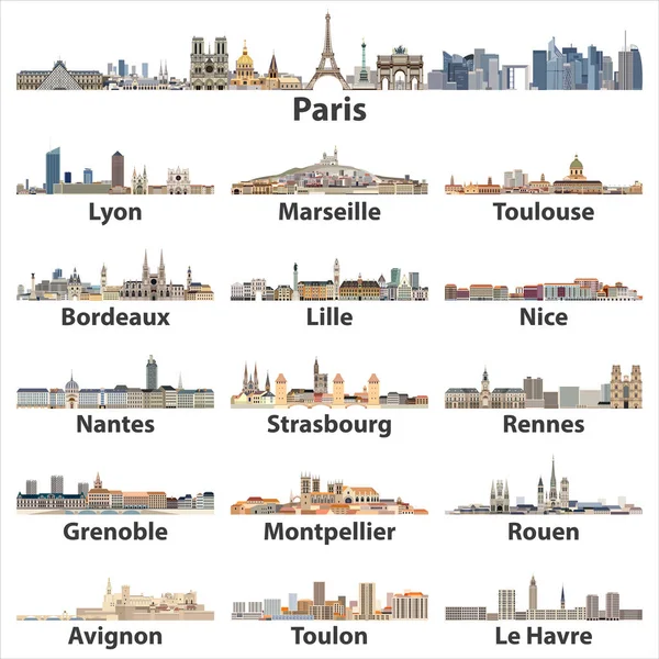 Francia Ciudades Skylines Iconos Aislados Sobre Fondo Blanco Ilustración Vectorial — Vector de stock