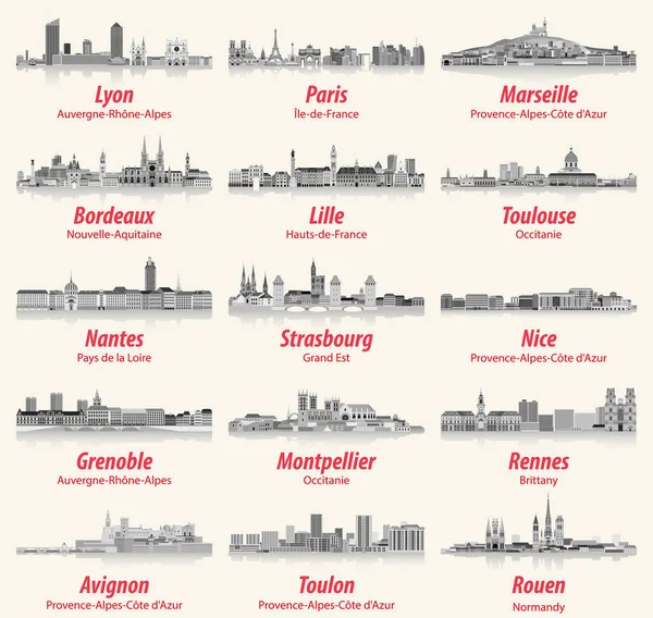 Franska Städer Skylines Platt Stil Isolerade Ikoner Svart Och Vitt — Stock vektor