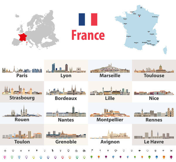 векторная карта Франции с основными городами. Иконки французских городов в небе. Набор навигационных знаков и знаков местоположения
