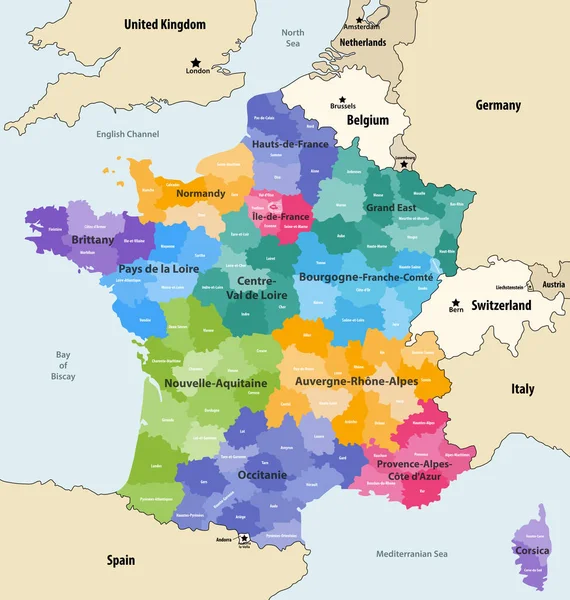 Francia Regiones Administrativas Departamentos Mapa Vectorial Con Los Países Territorios — Vector de stock
