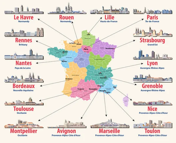 Franciaország Vektortérképe Főbb Városokkal Francia Városok Skylines Részletes Ikonok — Stock Vector