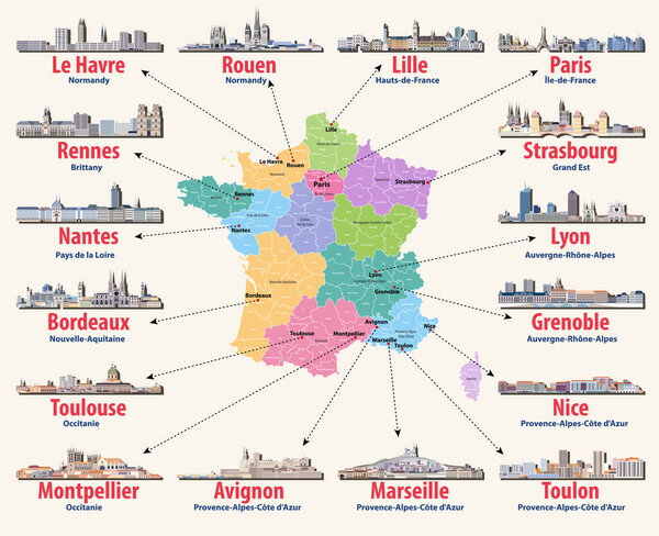 vector map of France with main cities on it. French cities skylines detailed icons