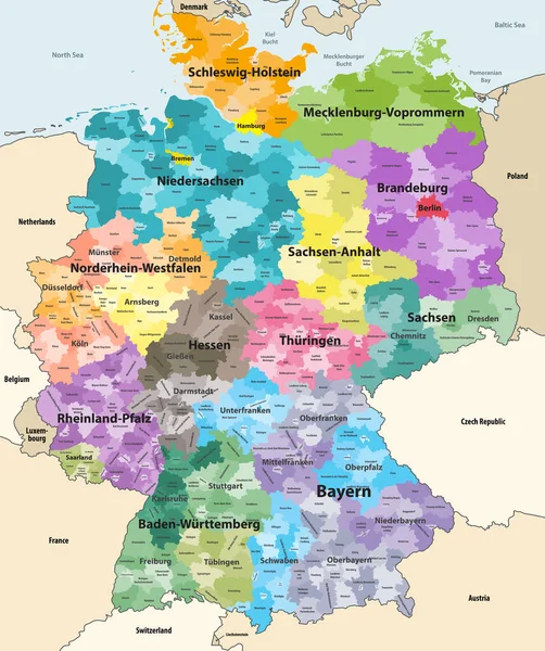 Allemagne Carte Vectorielle Détaillée Avec Les Pays Territoires Voisins Carte — Image vectorielle