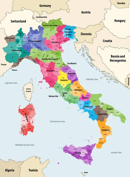 Province Italia Colorate Regioni Mappa Vettoriale Con Paesi Territori Limitrofi — Vettoriale Stock