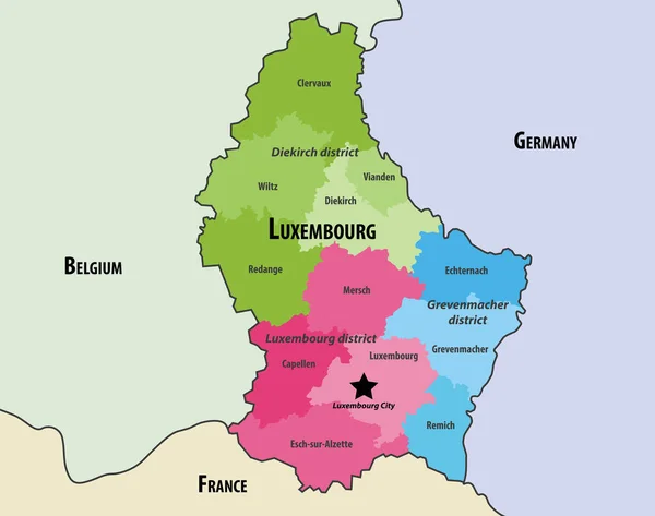 Mapa Lucemburských Kantonů Obarvených Okresy Sousedními Zeměmi Vektorová Ilustrace — Stockový vektor