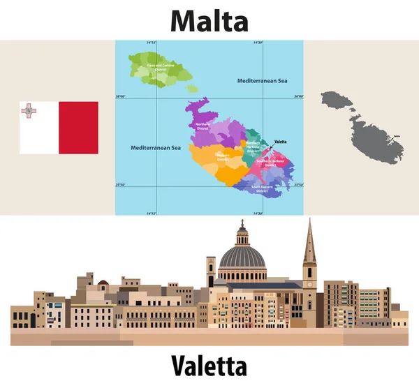 Mapa Divisiones Administrativas Malta Bandera Malta Paisaje Urbano Estilo Plano — Vector de stock