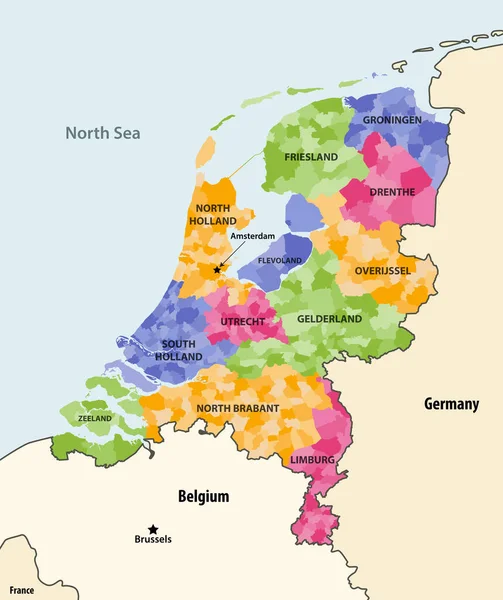 Nizozemské Místní Obce Obarvené Provinciemi Mapují Sousedními Zeměmi Terorizacemi Vektor — Stockový vektor