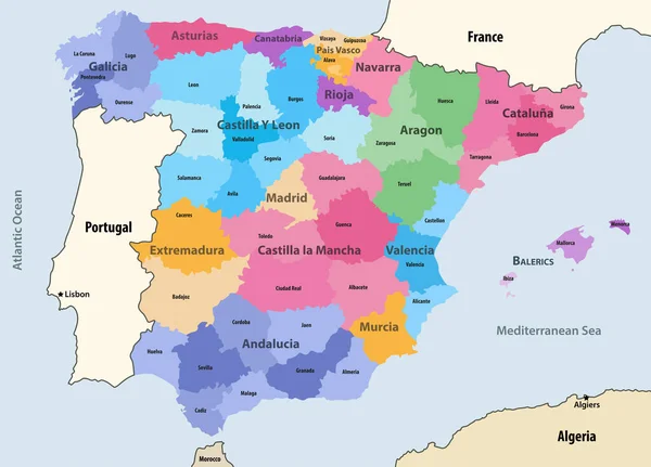 Espanha Comunidades Autónomas Províncias Mapa Vetorial Com Países Territórios Vizinhos —  Vetores de Stock