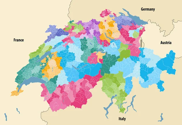 Suiza Mapa Vectorial Que Muestra Cantonales Distritos Límites Municipales Coloreados — Vector de stock