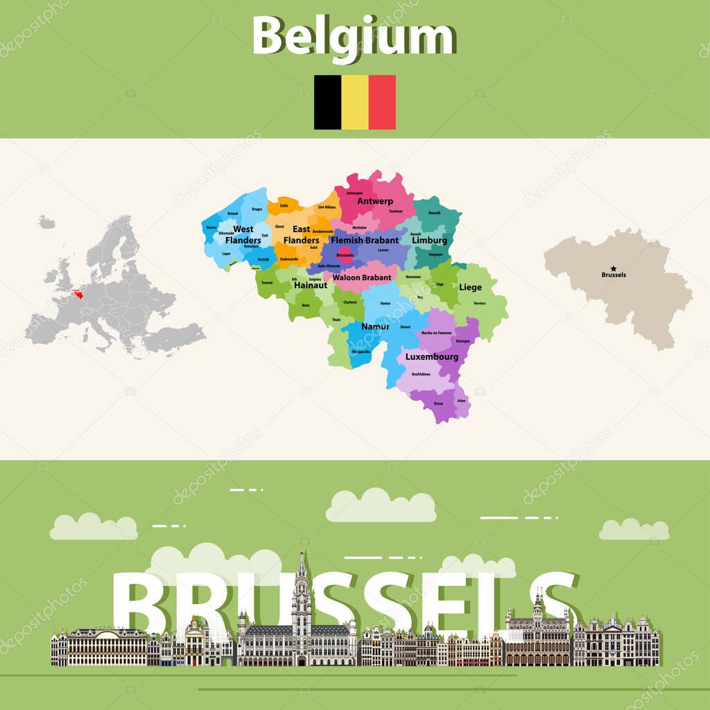 Belgium administrative divisions map colored by provinces. Brussels cityscape colorful poster. Vector illustration