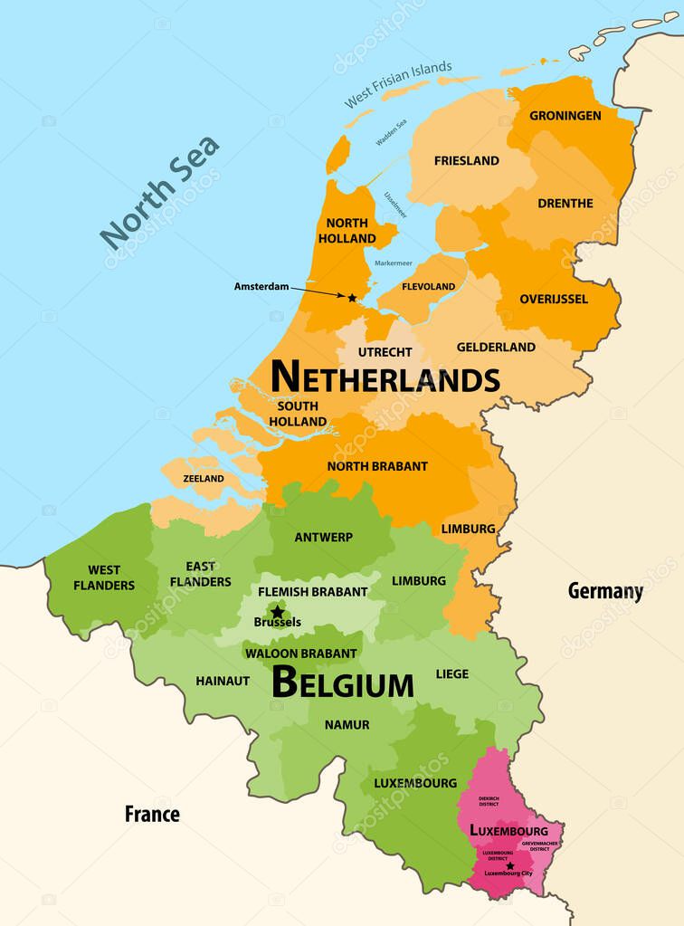 Vector regions map of Benelux countries: Belgium, Netherlands and Luxembourg, with neighbouring countries and territories