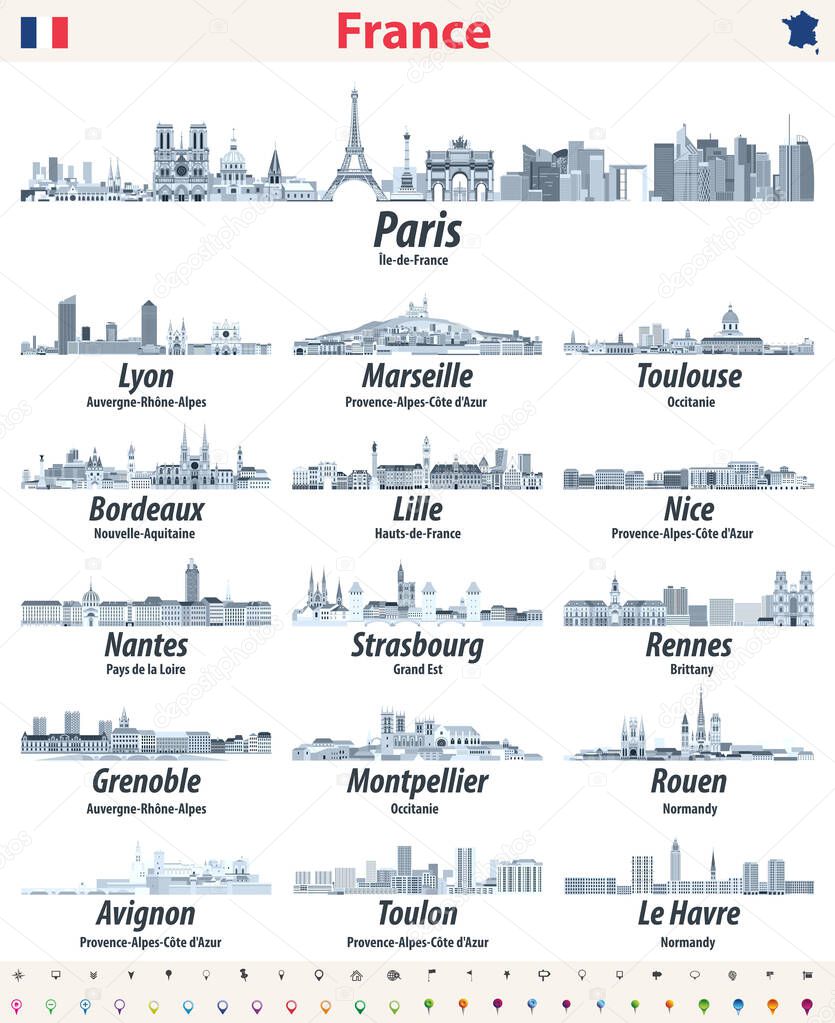 France cities skylines isolated icons in soft blue color palette. Navigation and location signs set. Vector 