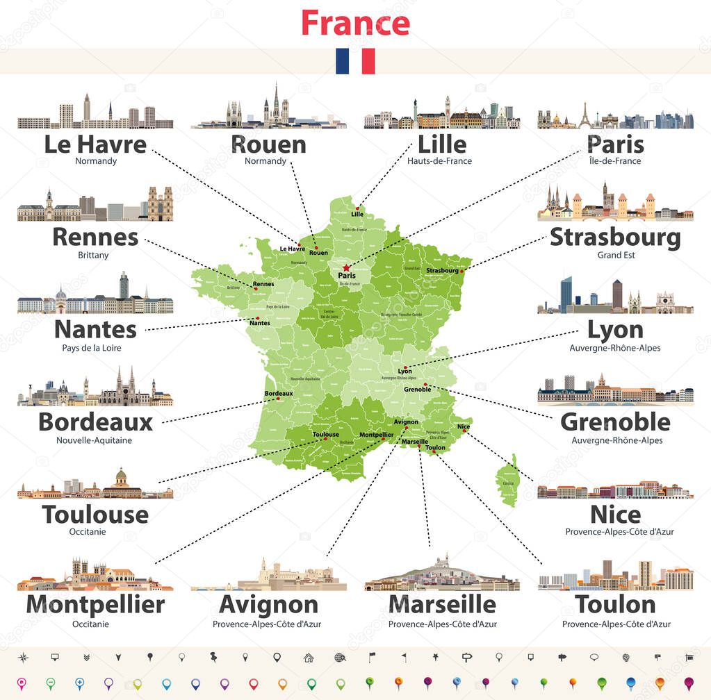 vector map of France with main cities on it. French cities skylines icons