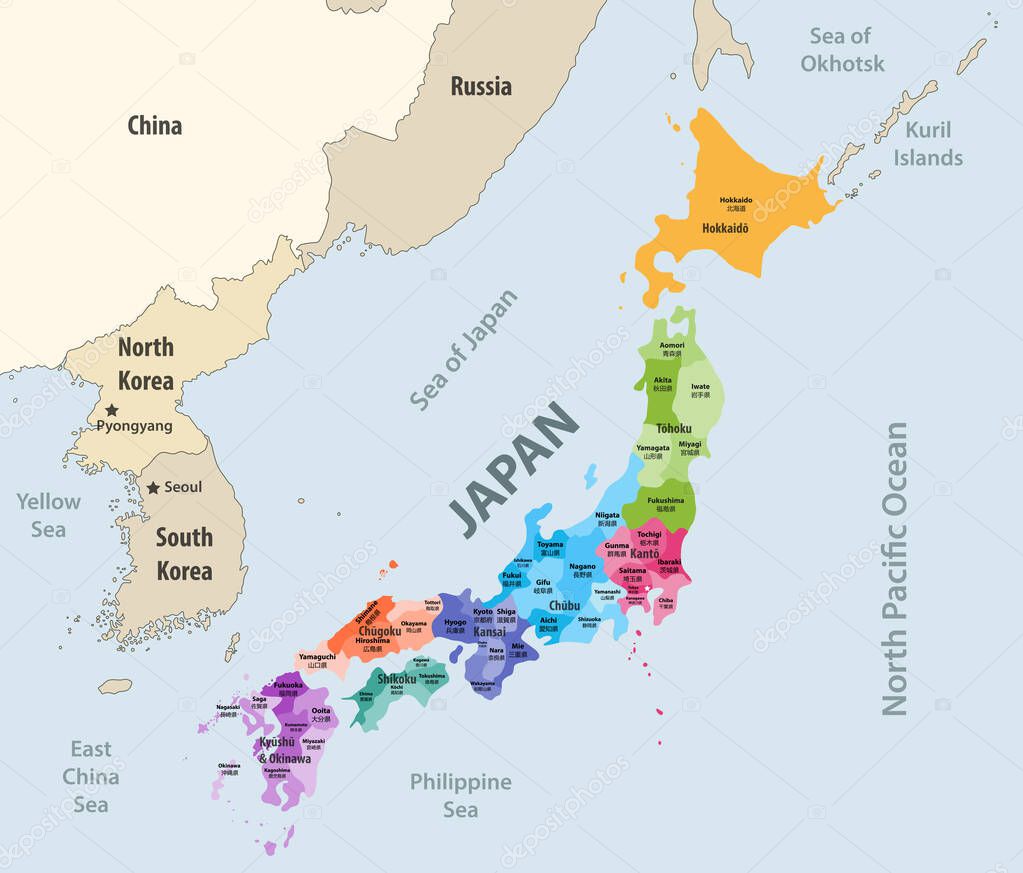 Japan prefectures (japanese names gives in parentheses) vector map colored be regions with neighbouring countries and territories