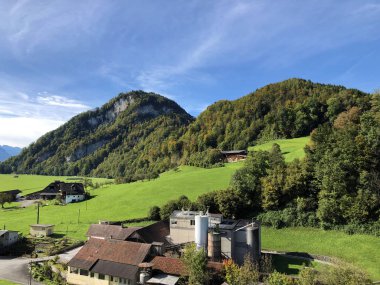 Lucerne Gölü veya Vierwaldstaetersee Gölü (Vierwaldstattersee) ve Alpnachersee Gölü, Alpnach - İsviçre Obwalden Kantonu üzerindeki yaprak döken ağaçlar ve ormanlar
