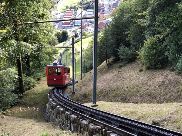 Cogwheel Railway Alpnachstadpilatus Kulm Steepest Cogwheel Railway World Zahnradbahn Pilatus — Stock Photo, Image