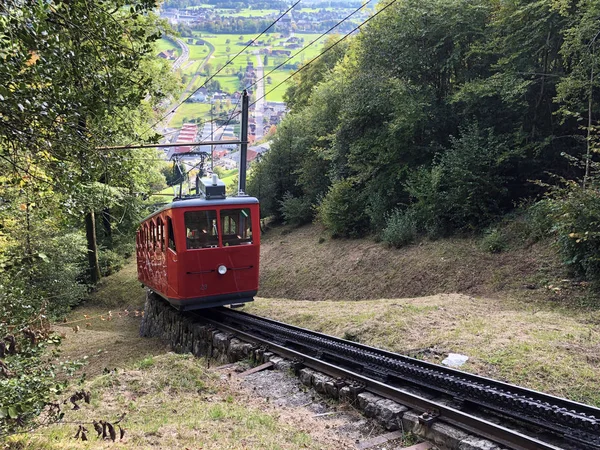 Cogwheel Railway Alpnachstadpilatus Kulm Ferrovia Mais Íngreme Mundo Zahnradbahn Pilatus — Fotografia de Stock