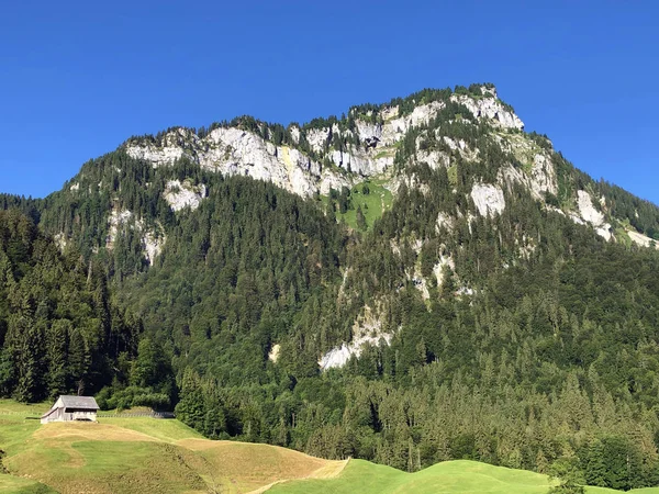 瑞士施维茨州Innerthal市Wagitalersee高山湖 Waegitalersee 上方的奥布里格山 Gross Aubrig或Grosser Aubrig Mountain — 图库照片