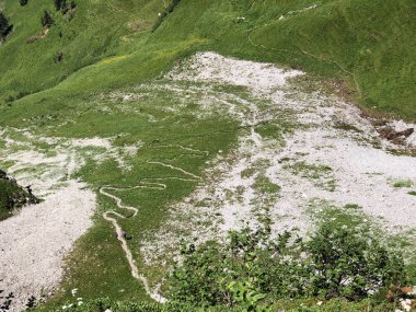 Wagital veya Waegital vadisinde ve Alpler'deki Wagitalersee Gölü'nde (Waegitalersee), Innerthal - Schwyz Kantonu, İsviçre'de yürüyüş ve yürüyüş parkurları