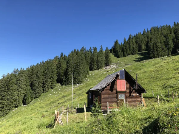 ワギタルまたはワギタルの谷と高山のワギタレルゼー ワギタレルゼー インナータール シュヴィーツ州 スイスの広州にある伝統的な建築と農家 — ストック写真