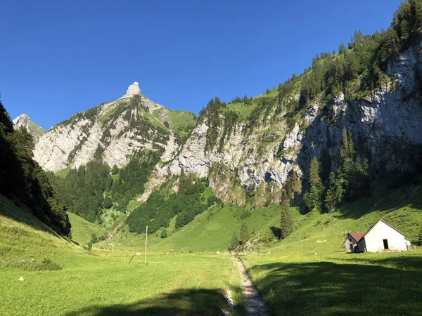 Traditional Architecture Farmhouse Valley Wagital Waegital Alpine Lake Wagitalersee Waegitalersee — Stock Photo, Image