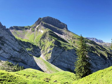 Vadinin yukarısındaki Zindlenspitz Dağı Wagital veya Waegital ve Alpine Gölü Wagitalersee (Waegitalersee), Innerthal - Schwyz Kantonu, İsviçre