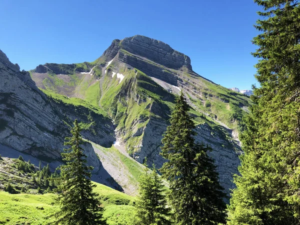 Góra Zindlenspitz Nad Doliną Wathe Jeziorem Wagitalersee Waegitalersee Innerthal Canton — Zdjęcie stockowe