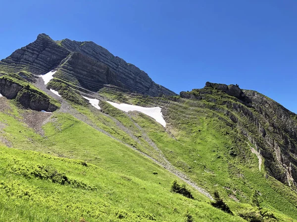 Vadinin yukarısındaki Zindlenspitz Dağı Wagital veya Waegital ve Alpine Gölü Wagitalersee (Waegitalersee), Innerthal - Schwyz Kantonu, İsviçre