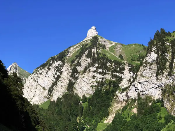 Góra Zindlenspitz Nad Doliną Wathe Jeziorem Wagitalersee Waegitalersee Innerthal Canton — Zdjęcie stockowe