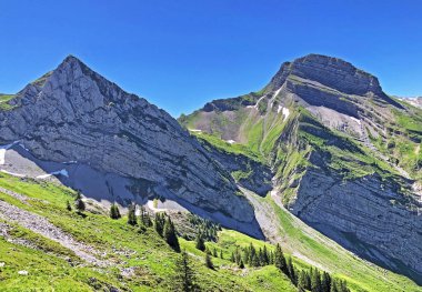 Rossalpelispitz veya Rossaelplispitz ve Zindlenspitz Dağları Alp Gölü Wagitalersee (Waegitalersee), Innerthal - Schwyz Kantonu, İsviçre