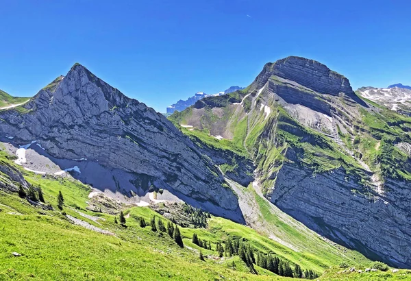 Rossalpelispitz Rossaelplispitz Zindlenspitz Mountains Alpine Lake Wagitalersee Waegitalersee Innerthal Canton — стокове фото