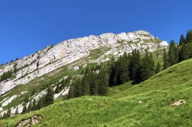 Wagital Vadisi 'nin yukarısındaki Schiberg Dağı ve Wagitalersee Gölü (Waegitalersee), Schwyz Kantonu, İsviçre